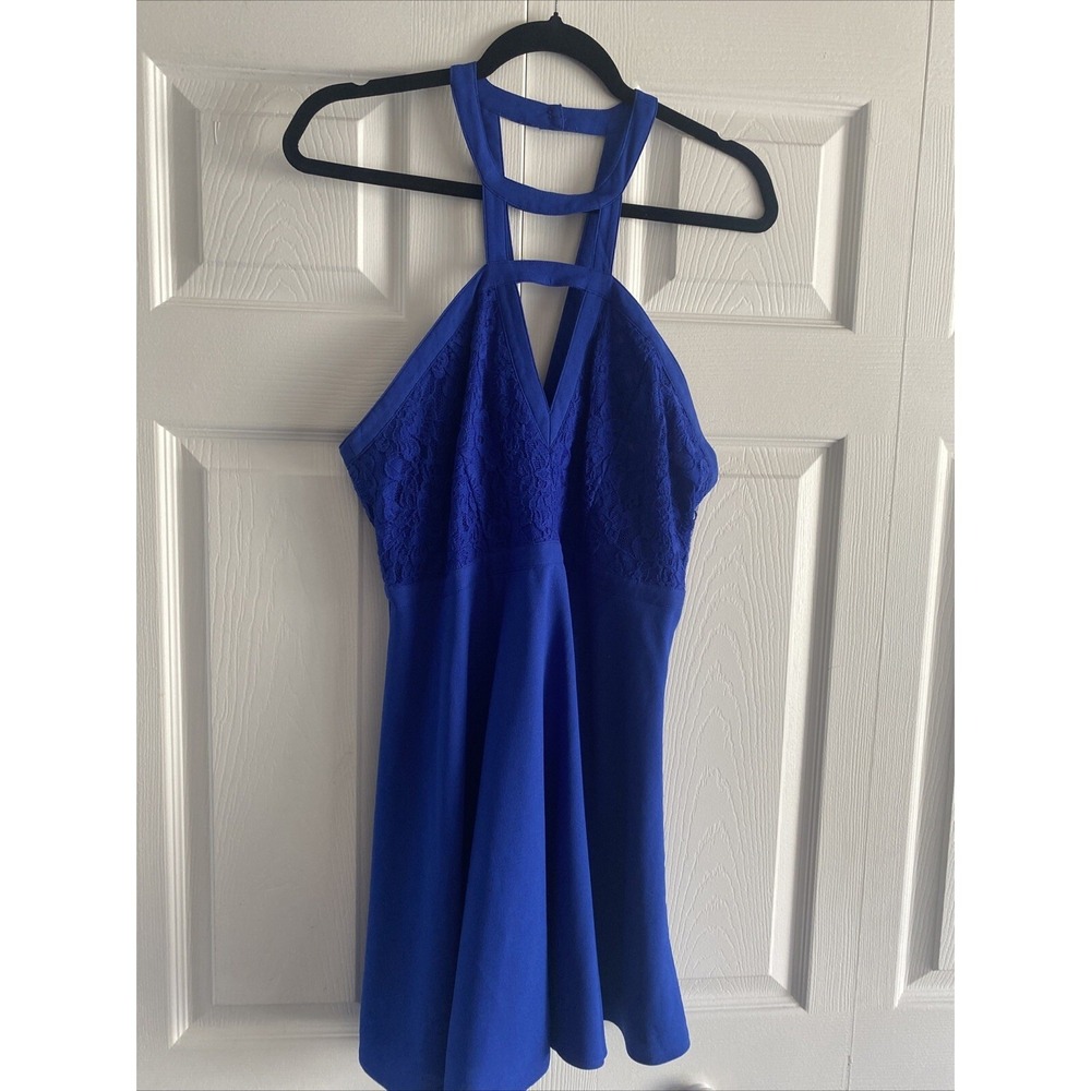Royal Blue Lace Halter Mini Dress Womens Size M Fit Flare Cocktail Party Y2K